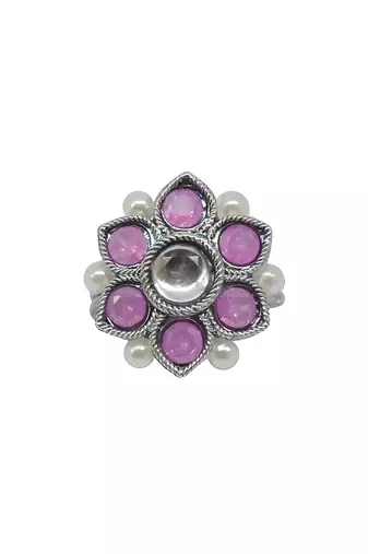 Glorious pear and flower design silver plated kundan stone adjustable finger ring for women & girls