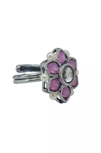 Glorious pear and flower design silver plated kundan stone adjustable finger ring for women & girls