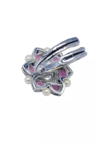 Glorious pear and flower design silver plated kundan stone adjustable finger ring for women & girls