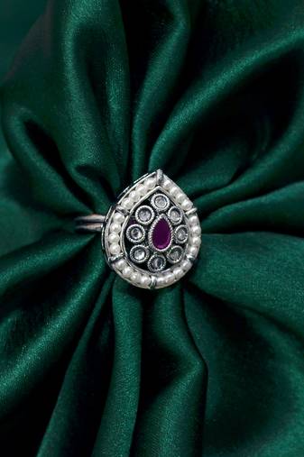 Pear shape and mother of pearl silver plated kundan stone adjustable finger ring for women and girls
