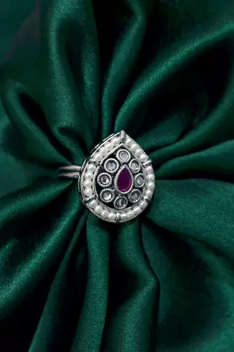 Pear shape and mother of pearl silver plated kundan stone adjustable finger ring for women and girls
