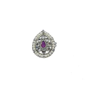 Pear shape and mother of pearl silver plated kundan stone adjustable finger ring for women and girls 2