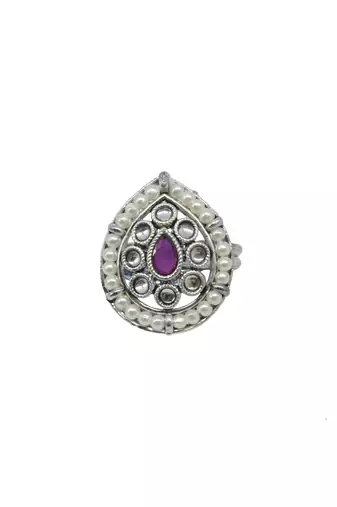 Pear shape and mother of pearl silver plated kundan stone adjustable finger ring for women and girls
