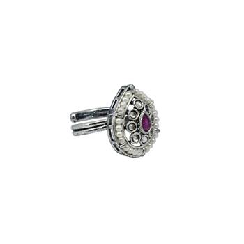 Pear shape and mother of pearl silver plated kundan stone adjustable finger ring for women and girls 3