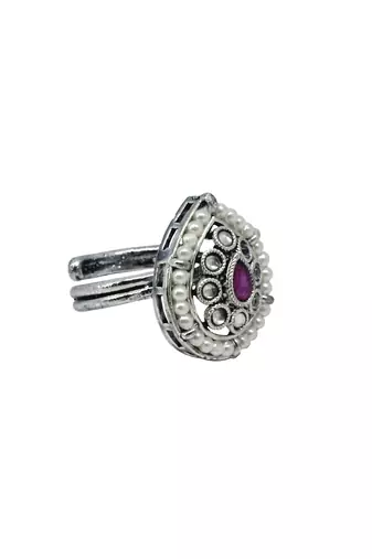 Pear shape and mother of pearl silver plated kundan stone adjustable finger ring for women and girls