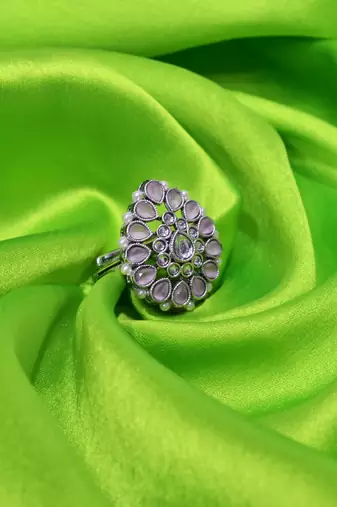 Inspired pear shape silver plated kundan stone adjustable finger ring for women and girls