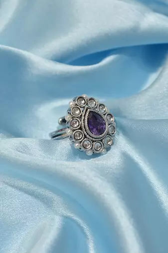 Pear shape and mother of pearl silver plated kundan stone adjustable finger ring for women and girls