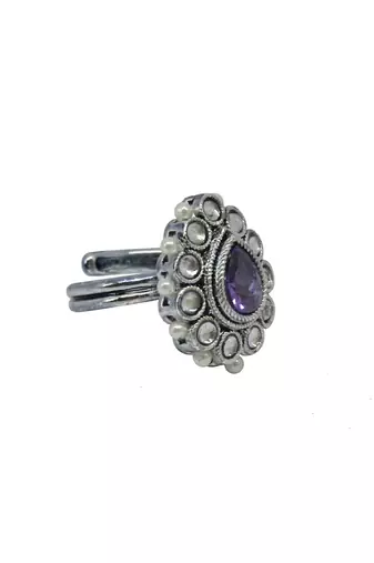 Pear shape and mother of pearl silver plated kundan stone adjustable finger ring for women and girls