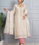 Off white 'amber glow' hand embroidered chanderi silk  womens  suit- set of 3