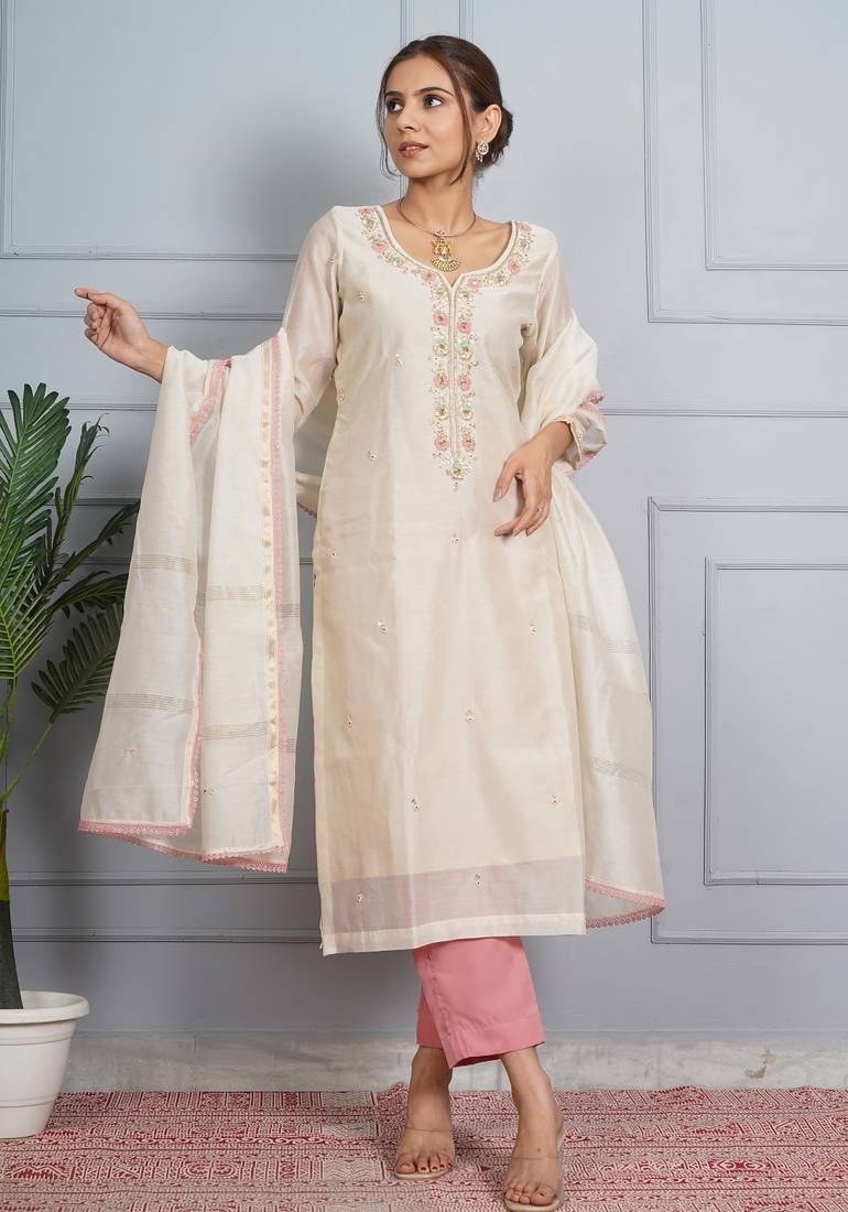 Off white 'amber glow' hand embroidered chanderi silk  womens  suit- set of 3