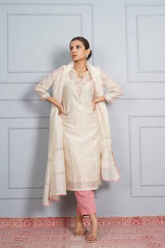 Off white 'jantar mantar'  hand embroidered chanderi silk  womens  suit- set of 3