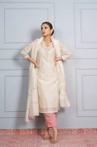 Off white 'jantar mantar'  hand embroidered chanderi silk  womens  suit- set of 3