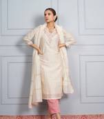 Off white 'jantar mantar'  hand embroidered chanderi silk  womens  suit- set of 3