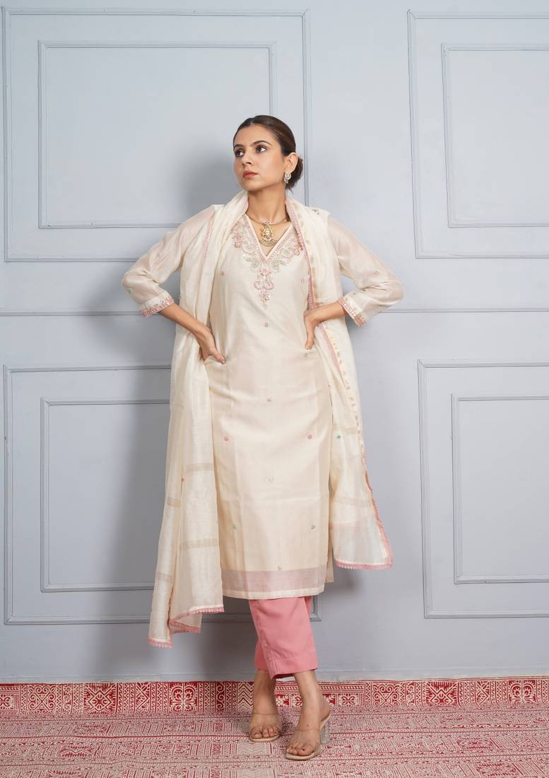 Off white 'jantar mantar'  hand embroidered chanderi silk  womens  suit- set of 3