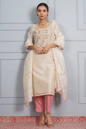 Off white 'panna meena' hand embroidered chanderi silk  womens  suit- set of 3