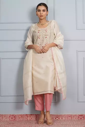 Off white 'panna meena' hand embroidered chanderi silk  womens  suit- set of 3