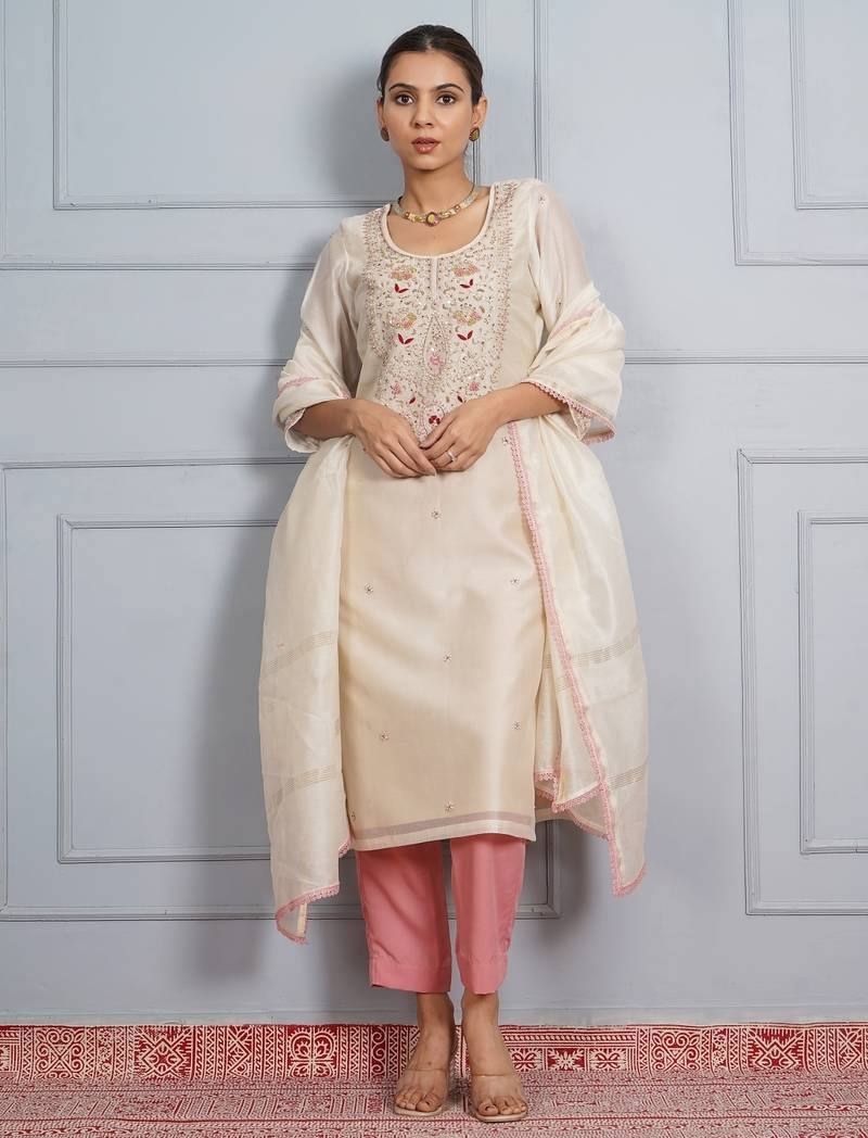 Off white 'panna meena' hand embroidered chanderi silk  womens  suit- set of 3