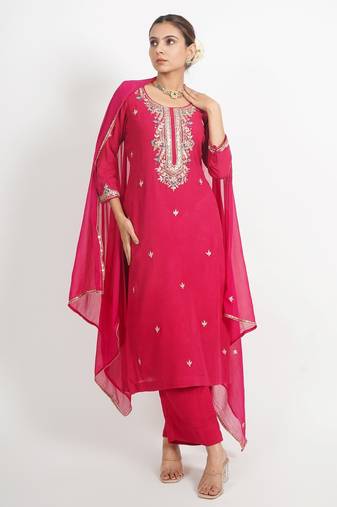 Red ' patrika gate' hand embroidered  silk crepe  womens  suit- set of 3