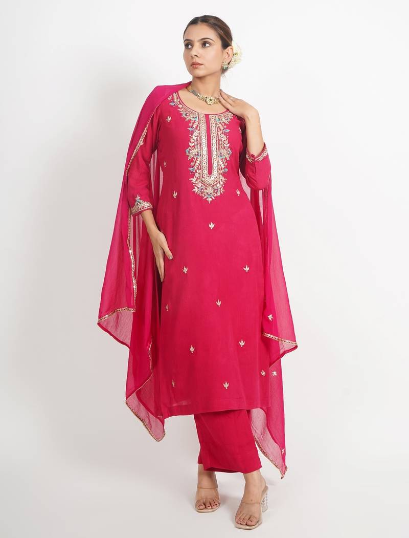 Red ' patrika gate' hand embroidered  silk crepe  womens  suit- set of 3