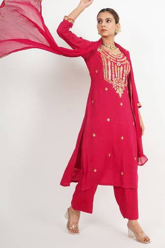 Red ' phool mahal' hand embroidered  silk crepe  womens  suit- set of 3