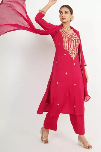 Red ' phool mahal' hand embroidered  silk crepe  womens  suit- set of 3