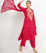 Red ' phool mahal' hand embroidered  silk crepe  womens  suit- set of 3