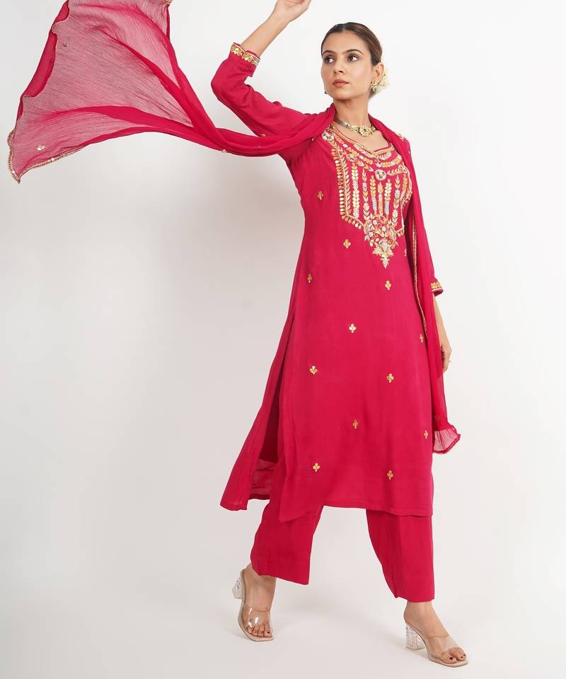Red ' phool mahal' hand embroidered  silk crepe  womens  suit- set of 3