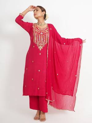 Red ' phool mahal' hand embroidered  silk crepe  womens  suit- set of 3 2