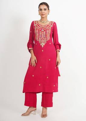 Red ' phool mahal' hand embroidered  silk crepe  womens  suit- set of 3 3