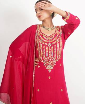 Red ' phool mahal' hand embroidered  silk crepe  womens  suit- set of 3 4