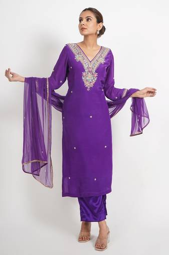 Purple 'jharokha'  hand embroidered  silk crepe  womens  suit- set of 3