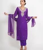 Purple 'jharokha'  hand embroidered  silk crepe  womens  suit- set of 3