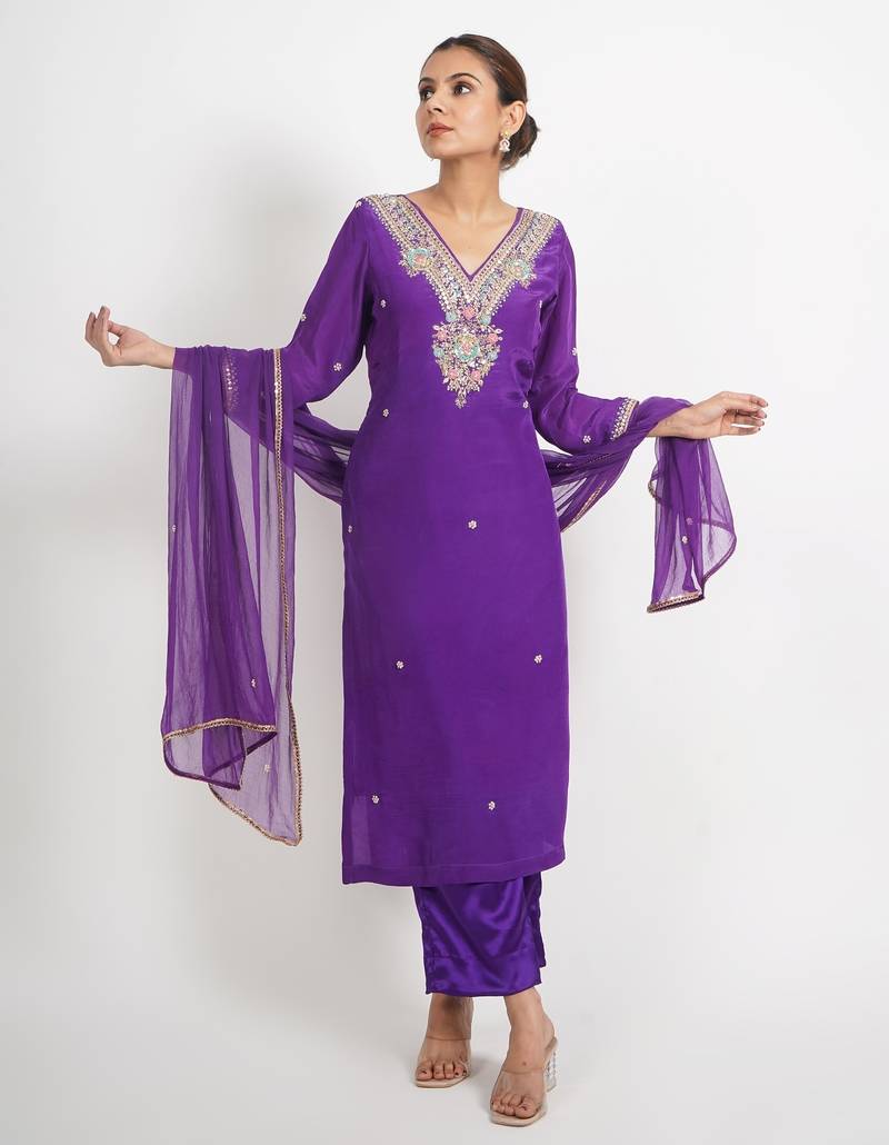 Purple 'jharokha'  hand embroidered  silk crepe  womens  suit- set of 3