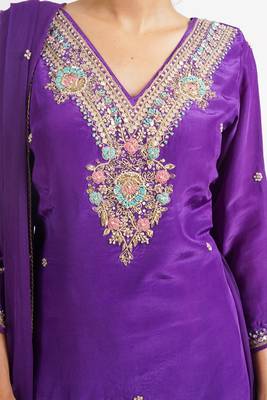 Purple 'jharokha'  hand embroidered  silk crepe  womens  suit- set of 3 3