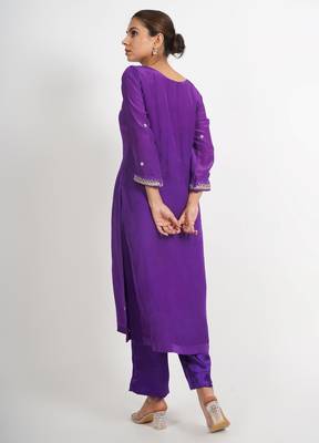 Purple 'jharokha'  hand embroidered  silk crepe  womens  suit- set of 3 4