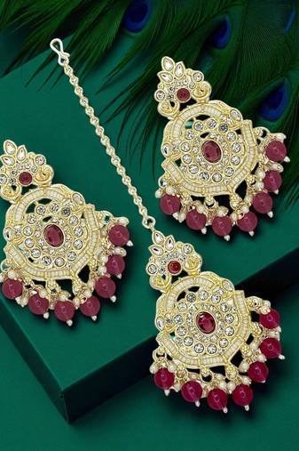 Gold plated cubic zircon studded wine earrings with maangtikka set