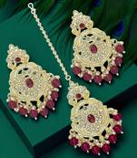 Gold plated cubic zircon studded wine earrings with maangtikka set