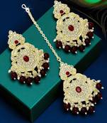 Gold plated cubic zircon studded marron earrings with maangtikka set