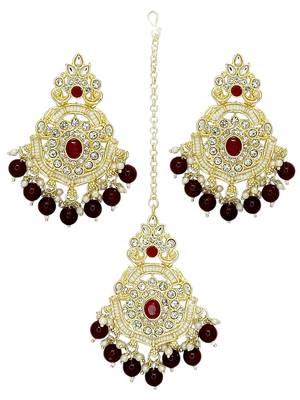 Gold plated cubic zircon studded marron earrings with maangtikka set 2