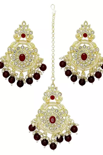 Gold plated cubic zircon studded marron earrings with maangtikka set