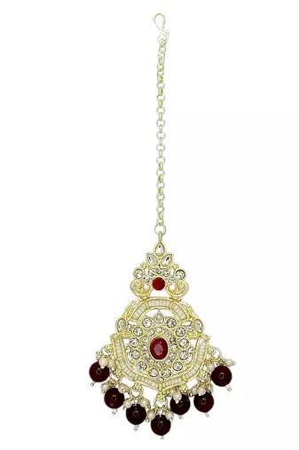 Gold plated cubic zircon studded marron earrings with maangtikka set