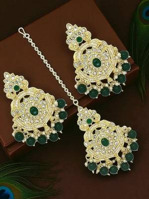 Gold plated cubic zircon studded green earrings with maangtikka set 1