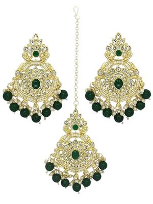 Gold plated cubic zircon studded green earrings with maangtikka set 2