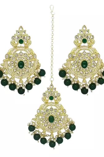Gold plated cubic zircon studded green earrings with maangtikka set