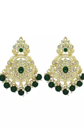 Gold plated cubic zircon studded green earrings with maangtikka set
