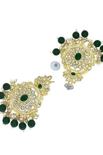 Gold plated cubic zircon studded green earrings with maangtikka set
