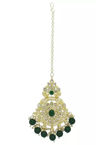 Gold plated cubic zircon studded green earrings with maangtikka set