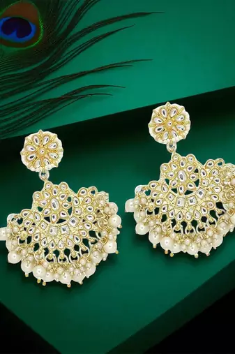 Gold plated kundan studded chandbali earrings