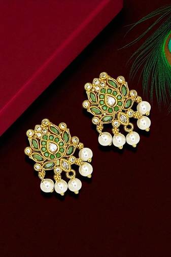 Gold plated stone studded drop earrings
