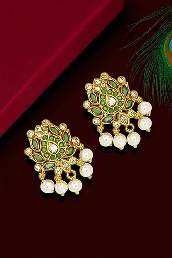 Gold plated stone studded drop earrings
